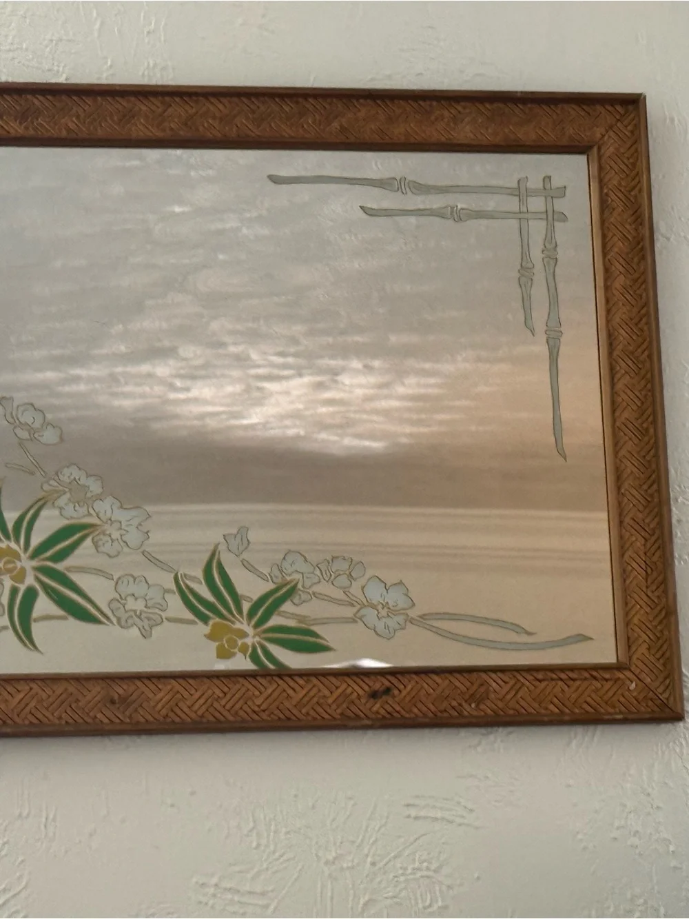 Vintage 1970’s wood Framed Floral etched glass mirror Wall Art iBrown Green